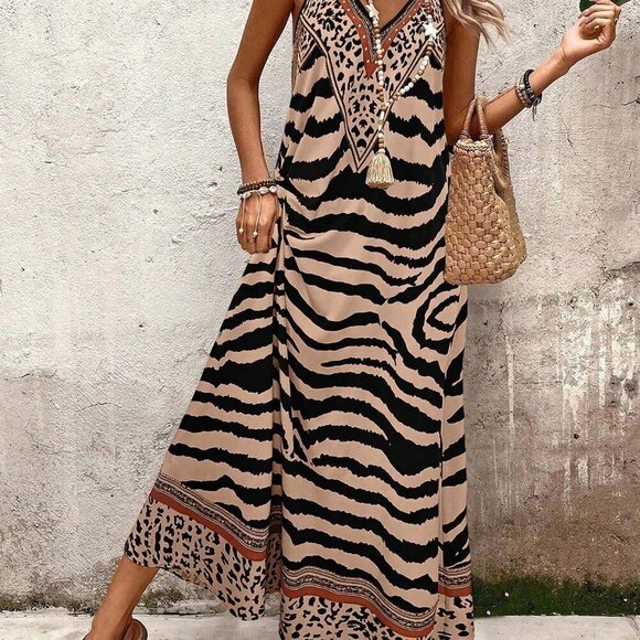 Dresses & Skirts - Khaki Boho Women's Elegant TigerPrint Loose Maxi Slip Dress